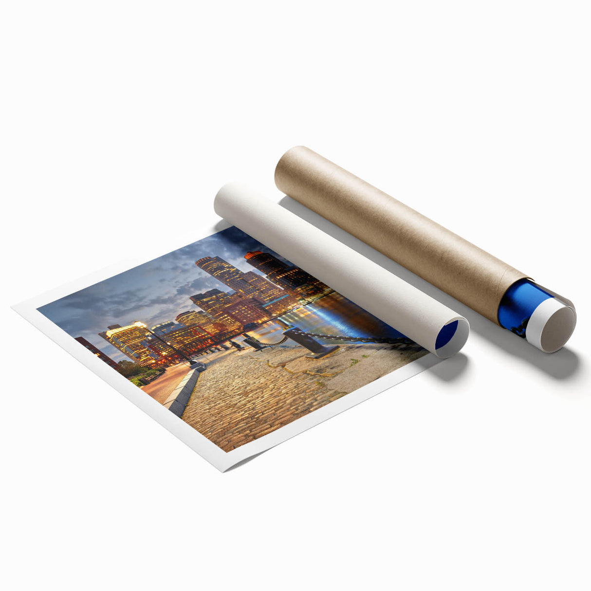 Extra large rolled print of Boston skyline featuring soft pink and blue floral motifs, ideal for classy bathroom wall art.