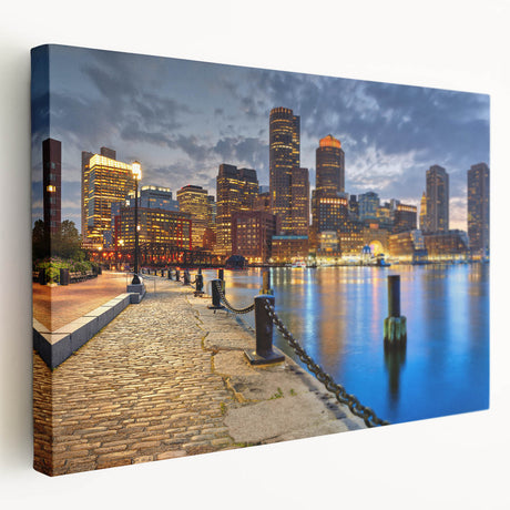 Boston skyline in muted blue tones on a large stretched canvas, ideal for kitchen wall art.