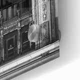 Large abstract wall art of Detroit skyline in muted gray and blue tones on acrylic glass, ideal for dining room art.