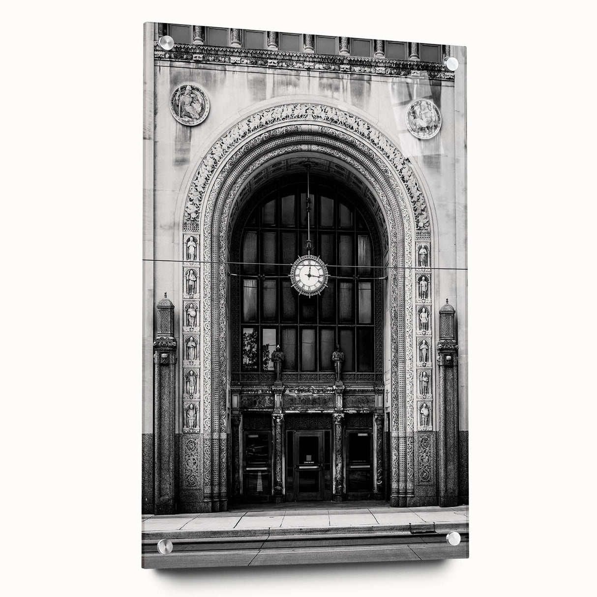 Acrylic print of a large abstract depiction of Detroit skyline in muted blue and gray tones.