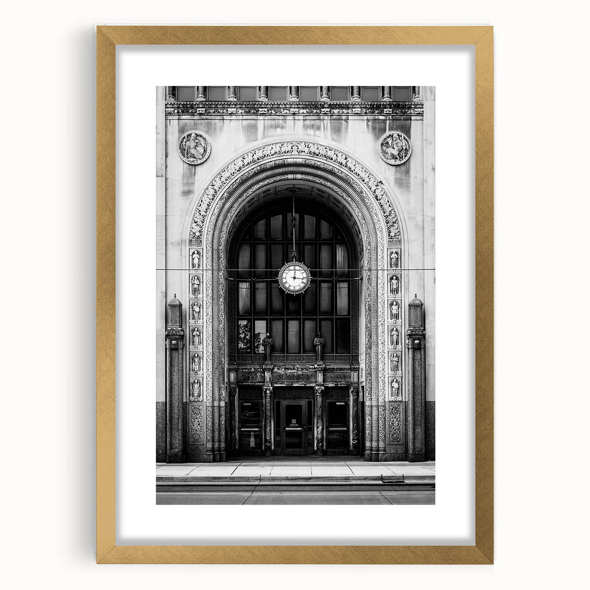 Extra large abstract art print of Detroit skyline in textured gold frame, ideal for living room decor.