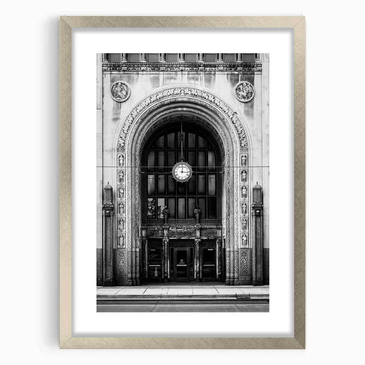 Textured abstract art print of Detroit skyline in muted gray tones on a framed silver mat, ideal for bedroom decor.