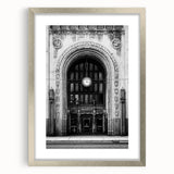 Textured abstract art print of Detroit skyline in muted gray tones on a framed silver mat, ideal for bedroom decor.