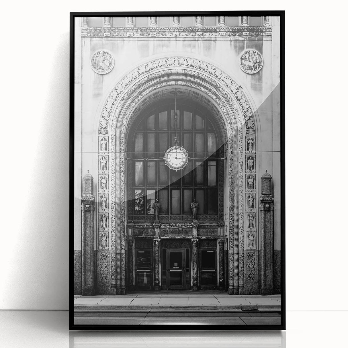 Large abstract wall art depicting Detroit skyline in muted gray and blue tones on a framed acrylic.