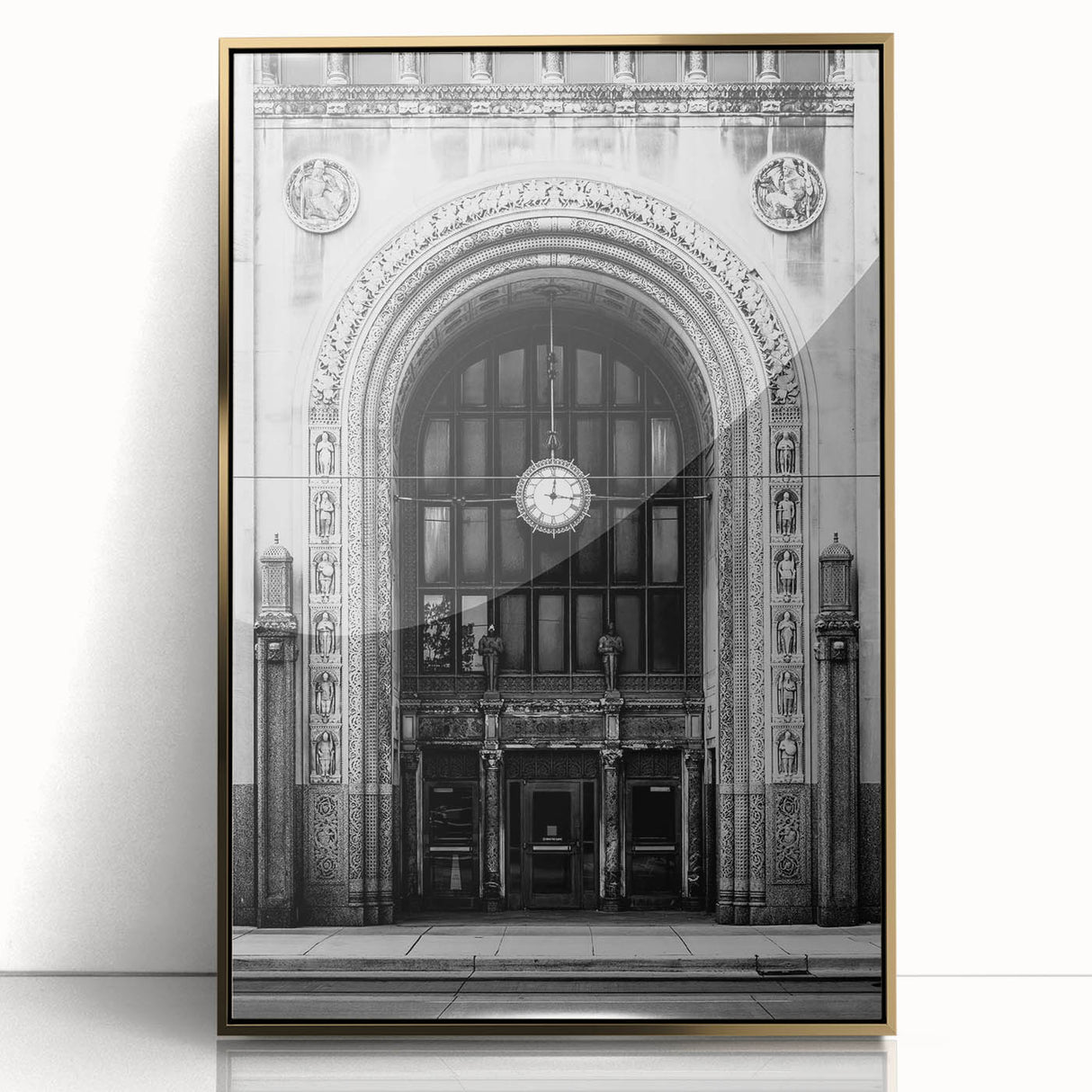 Mid-century modernist art of Detroit skyline in gold and black tones on framed acrylic, suitable for nursery wall decor.