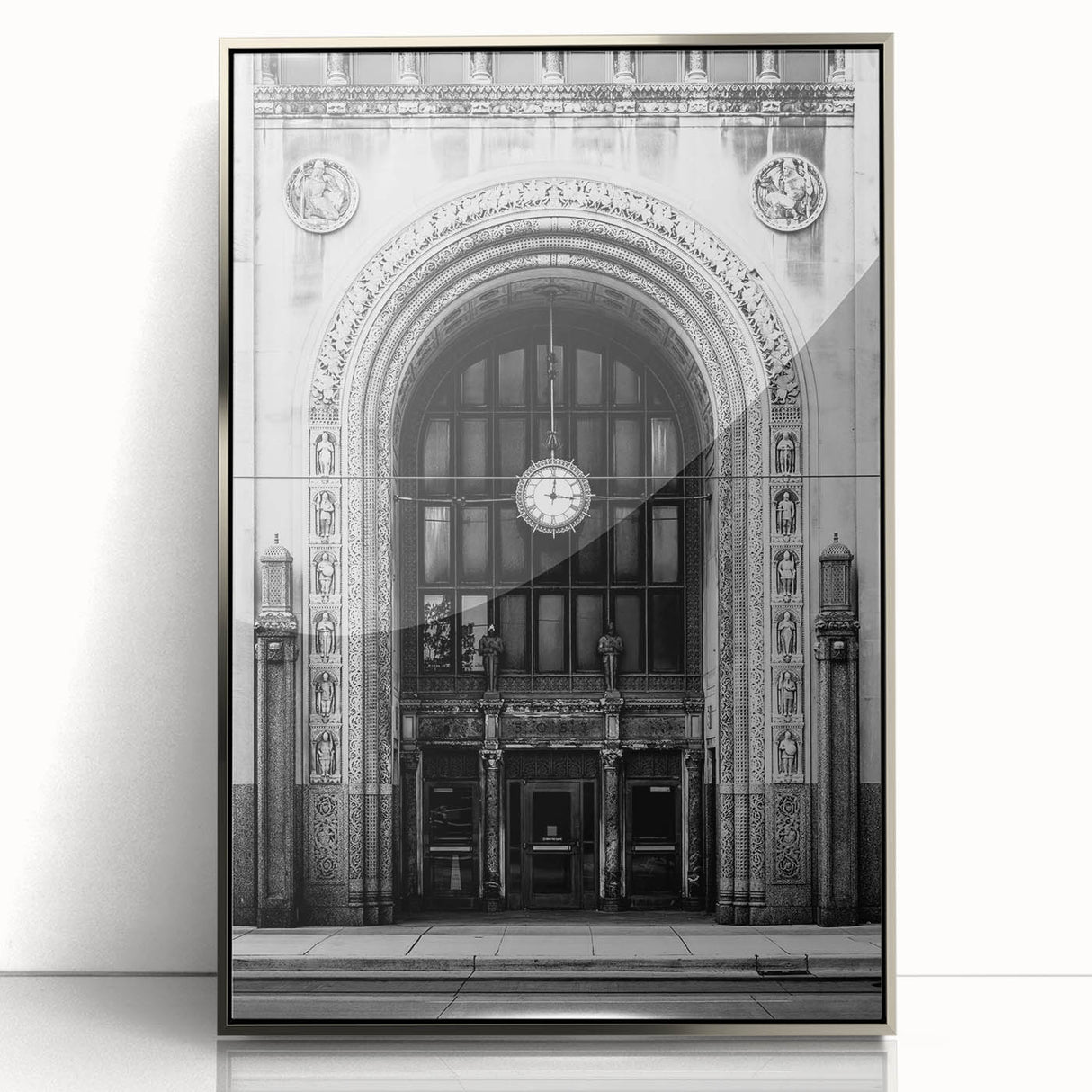 Large art print of Detroit skyline in muted grays and blues on a framed acrylic, ideal for modern art wall decor.