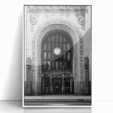 Art deco poster of Detroit skyline in muted gray and blue tones, acrylic framed print, ideal for modern nursery wall art.