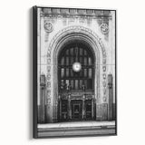 Black and white framed canvas of Detroit landscape, vintage poster style, ideal for bedroom decor.