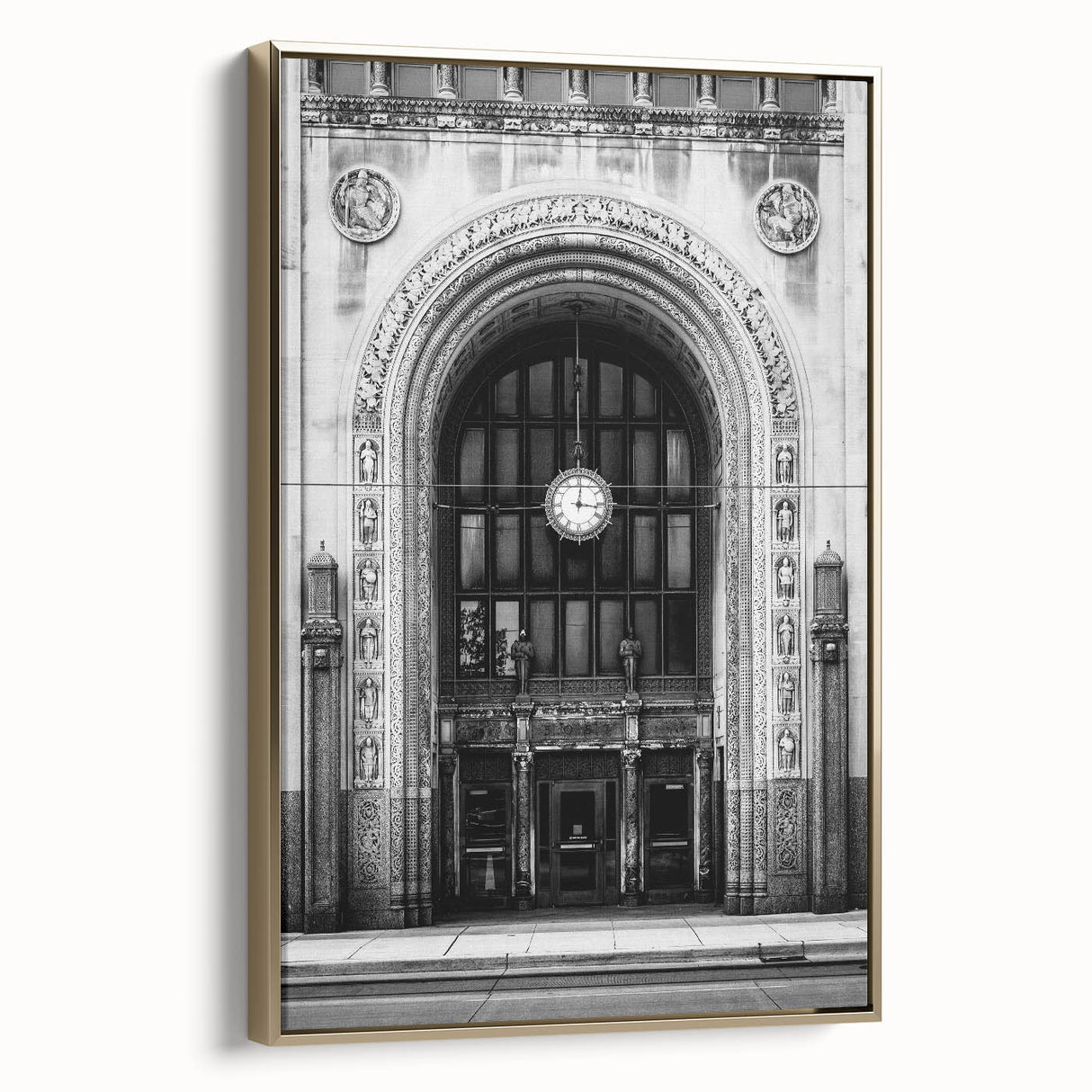 Vintage poster art of Detroit skyline in colorful hues on a large framed canvas, ideal for living room decor.
