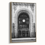 Vintage poster art of Detroit skyline in colorful hues on a large framed canvas, ideal for living room decor.