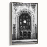 Framed canvas depicting a vintage-style Detroit landscape in monochrome black, ideal for bedroom wall art.