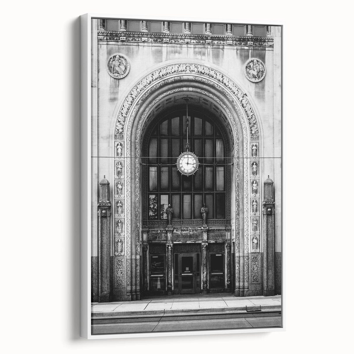 Framed canvas of a vintage-style Detroit landscape painting in muted colors, ideal for office decor.
