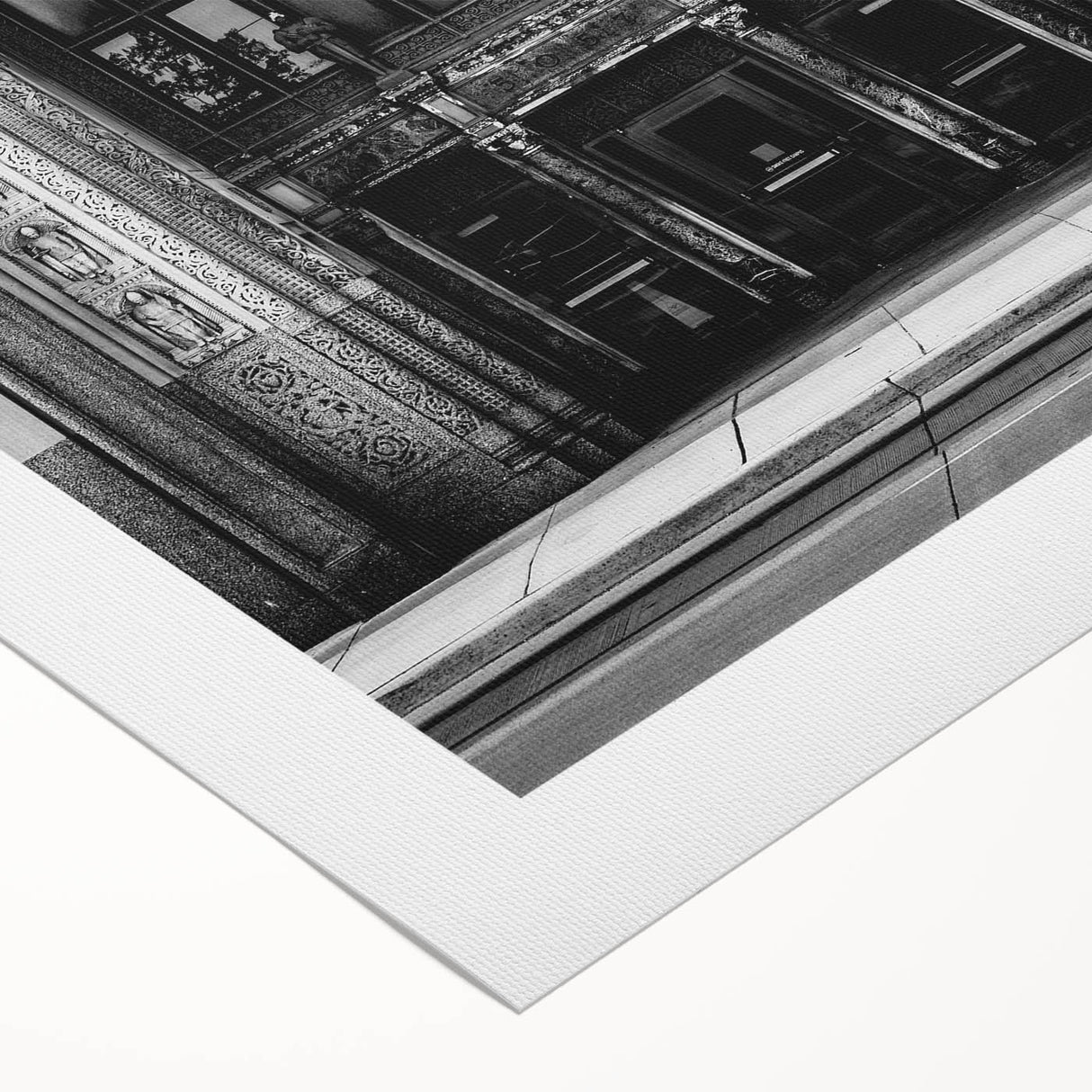 Art deco poster of Detroit skyline in muted gray and blue tones on rolled canvas, suitable for dining room wall art.
