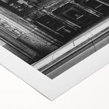 Art deco poster of Detroit skyline in muted gray and blue tones on rolled canvas, suitable for dining room wall art.