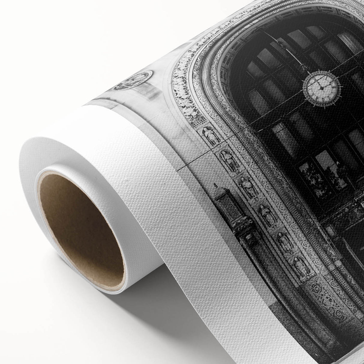 Art Deco style poster of Detroit skyline in muted gray and blue tones on rolled canvas, ideal for nursery wall art.