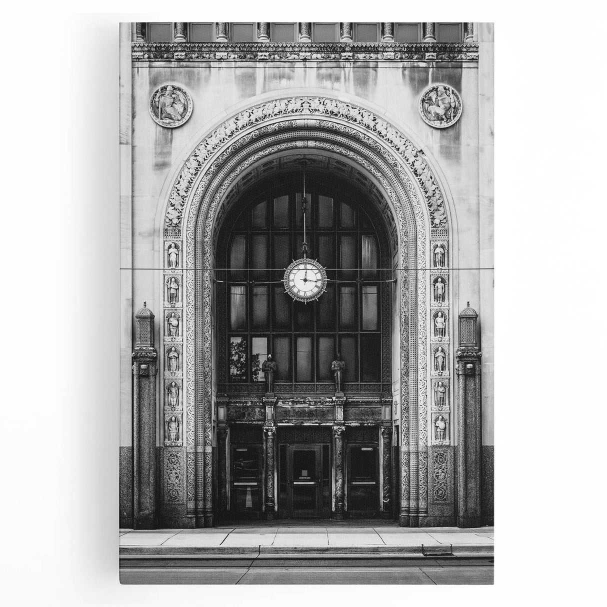 Black and white photo of Detroit skyline on large stretched canvas, ideal for kitchen wall art.