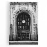 Black and white photo of Detroit skyline on large stretched canvas, ideal for kitchen wall art.