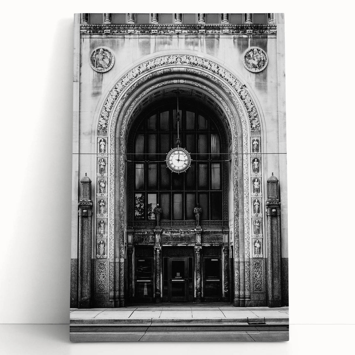 Black and white photo of Detroit skyline on large stretched canvas, suitable as kitchen wall art or for bedroom.