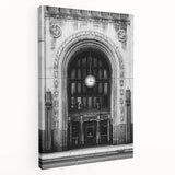 Large art of Detroit skyline in muted gray and blue tones on stretched canvas, ideal for kitchen wall art.
