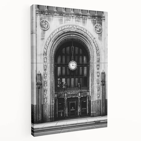 Large art of Detroit skyline in muted gray and blue tones on stretched canvas, ideal for kitchen wall art.