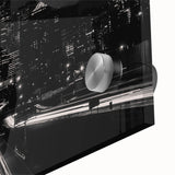 Large abstract wall art of Minneapolis skyline in muted gray and blue tones on acrylic glass, ideal for dining room decor.