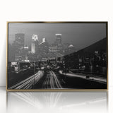 Acrylic print of Minneapolis skyline in gold and blue tones, styled in mid-century modernist.
