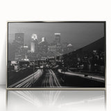 Mid-century modernist art depicting Minneapolis skyline in muted gray tones on a framed acrylic print.