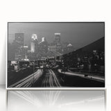 Framed acrylic print of Minneapolis skyline in muted gray and blue tones, suitable for modern art wall decor.