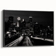 Black and white framed canvas of Minneapolis skyline, ideal for bedroom wall art with a vintage poster style.