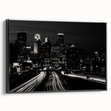 Black and white framed canvas of Minneapolis skyline, ideal for bedroom wall art with a vintage poster style.