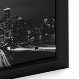 Extra large framed canvas of a textured Minneapolis skyline in black with colorful highlights, ideal for living room decor.