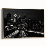 Framed canvas depicting a vintage-style Minneapolis landscape in black and gold tones, ideal for bedroom wall art.