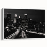 Vintage poster art of Minneapolis skyline in colorful hues on a large framed canvas, ideal for living room decor.