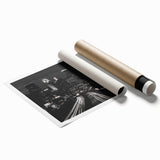 Extra large rolled print of Minneapolis skyline with soft pink and blue hues, ideal for classy bathroom wall art.