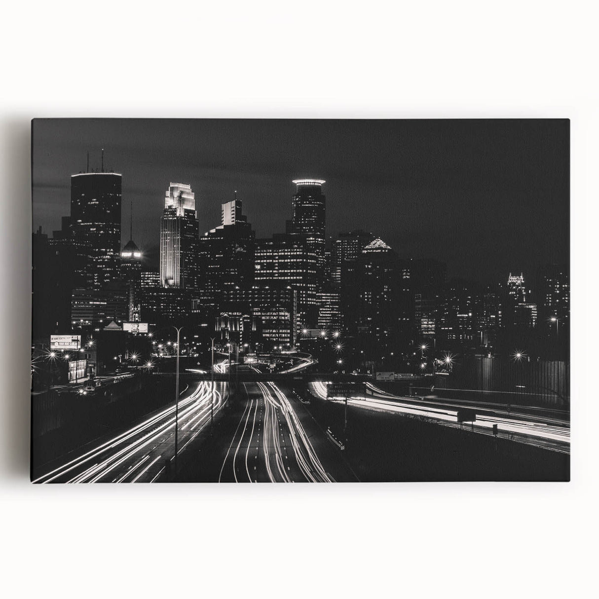 Black and white large art print of Minneapolis skyline on stretched canvas, suitable for kitchen wall art.