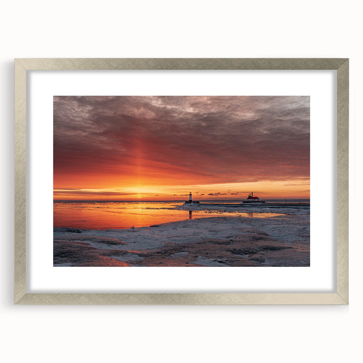 Textured art print of an abstract Minnesota landscape in cool blue and gray tones on a framed silver mat.