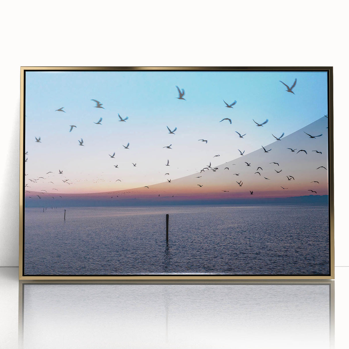 Mid-century modernist style Mississippi scenery on a gold-framed acrylic print, suitable for modern art wall decor.