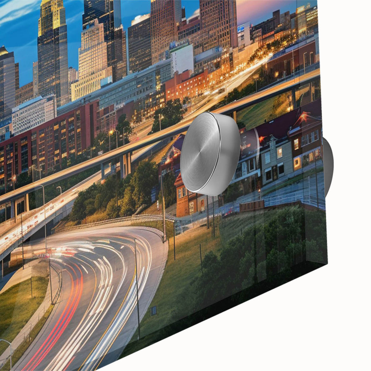 Acrylic print of Kansas City skyline in muted gray and blue tones, ideal for dining room art.