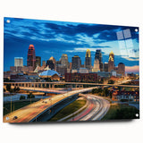 Acrylic print of abstract Kansas City skyline in muted blue and gray tones, ideal for bedroom or dining room decor.