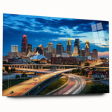 Acrylic print of Kansas City skyline in muted blue and gray tones, ideal for bedroom or dining room art.