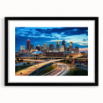 Abstract art print of Kansas City skyline in vibrant colors on a large framed canvas, ideal for living room decor.