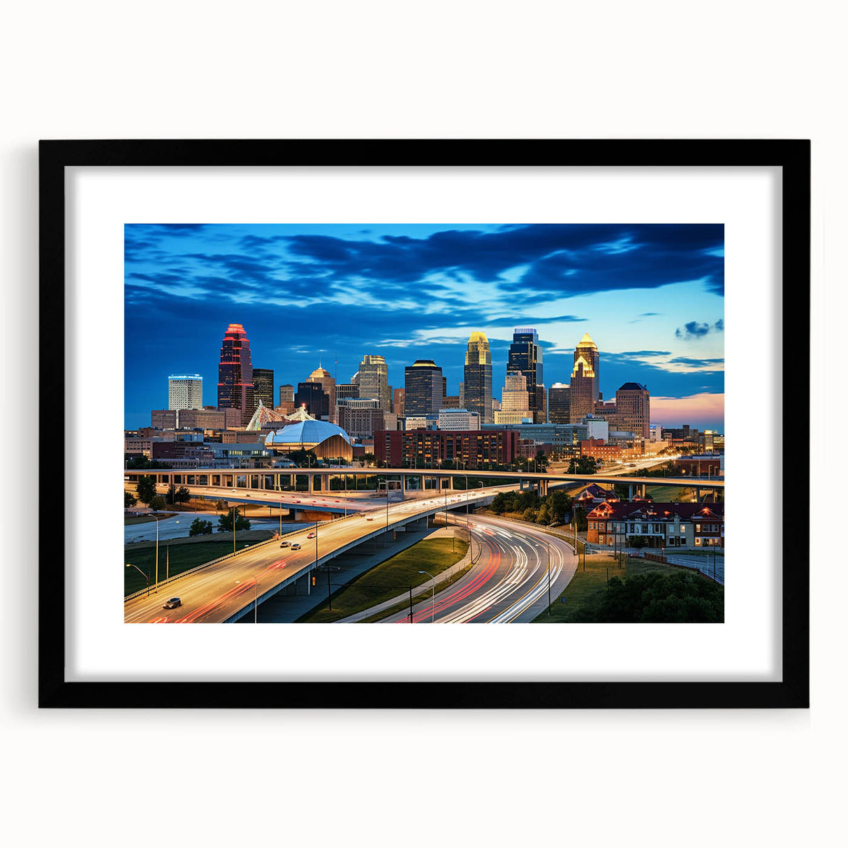 Abstract art print of Kansas City skyline in vibrant colors on a large framed canvas, ideal for living room decor.