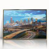 Mid-century modernist style acrylic print of Kansas City skyline in muted gold tones, ideal for modern art wall decor.