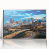 Art deco poster of Kansas City skyline in muted gray and blue tones on framed acrylic, ideal for modern art wall decor.