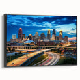 Black and white framed canvas of Kansas City landscape, ideal for bedroom wall art, featuring vintage poster style.