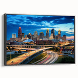 Black and white framed canvas of Kansas City landscape, ideal for bedroom wall art, featuring vintage poster style.