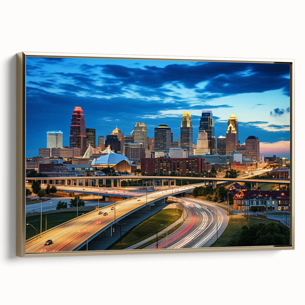 Framed canvas of Kansas City landscape with gold accents, ideal for bedroom wall art.