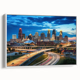 Vintage poster art of Kansas City skyline in colorful hues on a large framed canvas, ideal for living room decor.