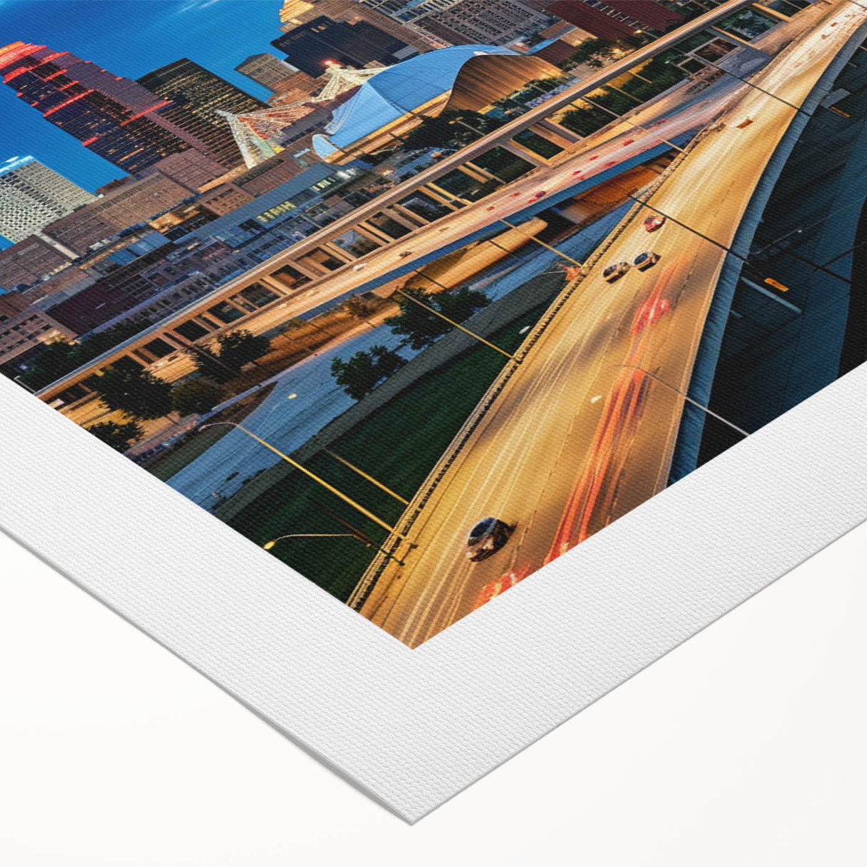 Art deco poster of Kansas City skyline in muted gray and blue tones on rolled canvas, ideal for dining room wall art.