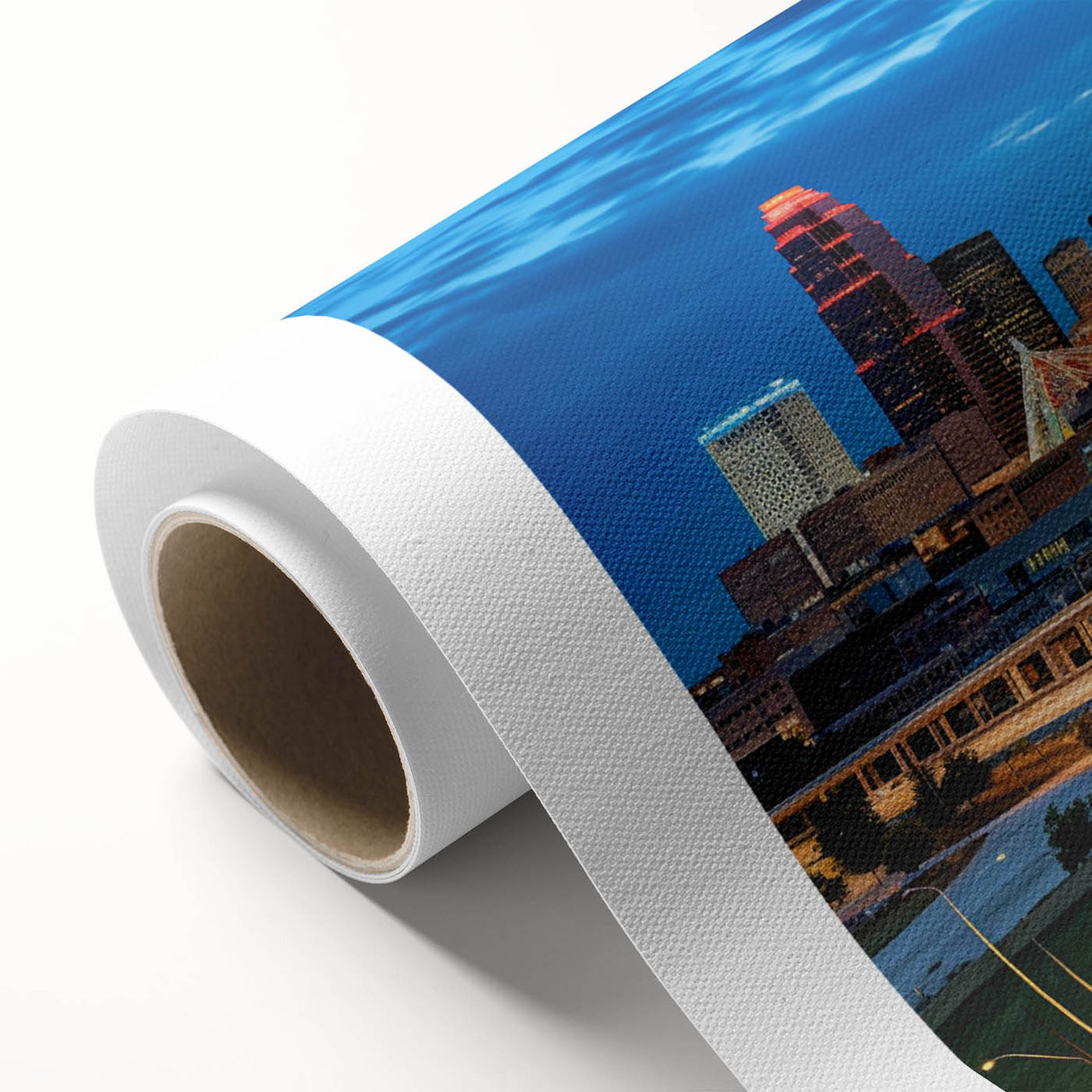Art deco poster of Kansas City skyline in muted blue and gray tones on rolled canvas, ideal for nursery wall art.